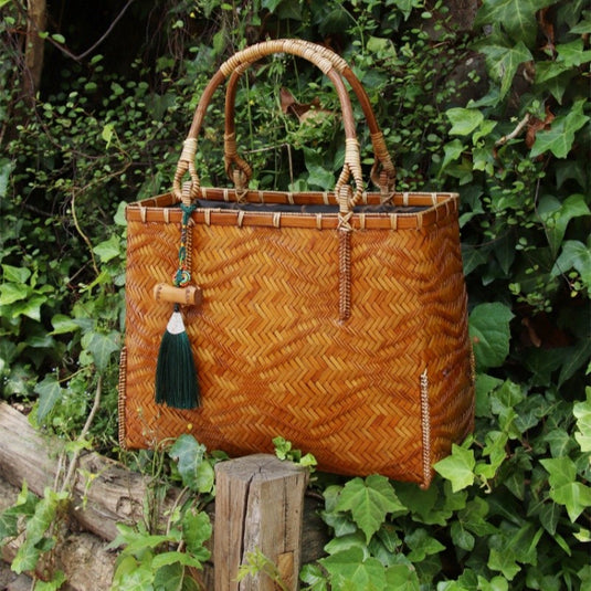 Bamboo Handwoven Top Handle Bag Wave Texture