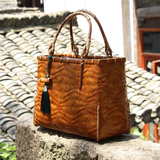 Bamboo Handwoven Top Handle Bag Wave Texture