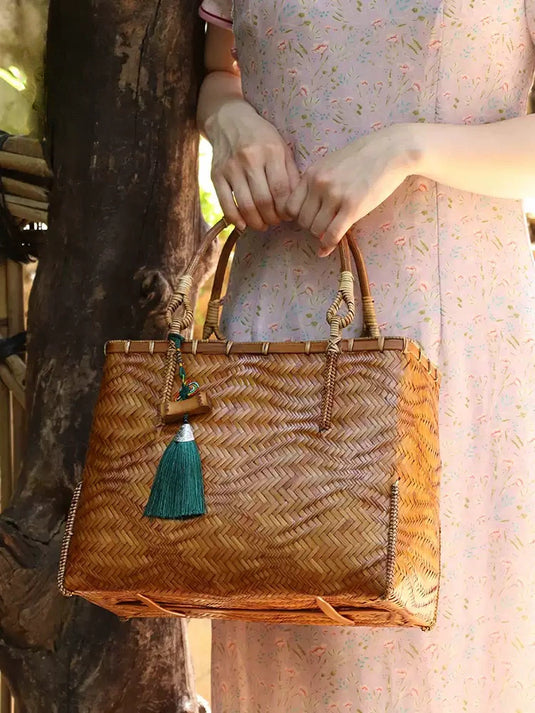 Bamboo Handwoven Top Handle Bag Wave Texture