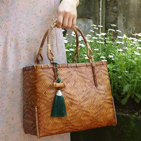 Bamboo Handwoven Top Handle Bag Wave Texture