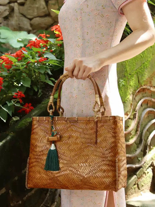 Bamboo Handwoven Top Handle Bag Wave Texture