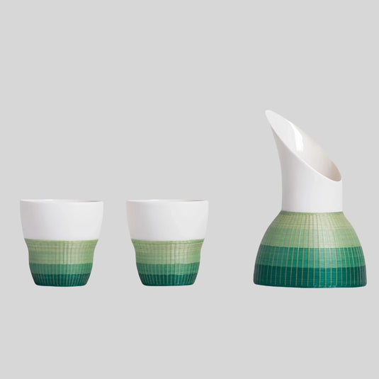 Handmade Porcelain-bodied Coffee Set with Green Bamboo Weaving