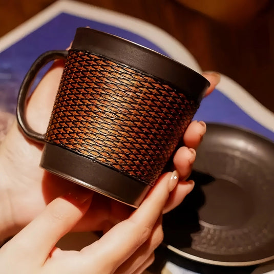 Handmade Porcelain-bodied Coffee Mug with Bamboo Weaving